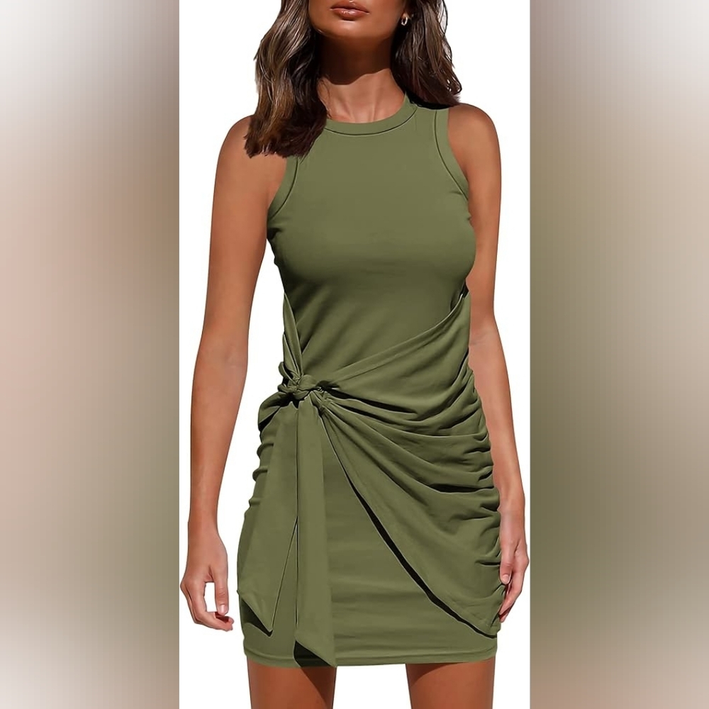 Lillusory Army Green Sleeveless Ruched Tie Waist Dress – Medium – New